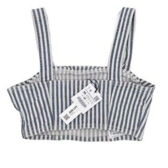 Zara Denim Bustier Railroad Stripe Blue White Stretch Crop Top Sz M Coquette NWT - Picture 7 of 9